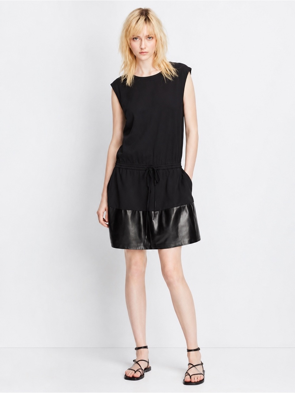 Vince Black Leather Contrast Hem Drawstring Shift Dress Size Large